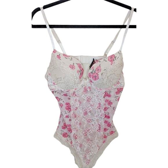 Black Fuchsia Lace Sheer Mesh Floral Button Snap Teddy Boho Preppy Large - Picture 1 of 12